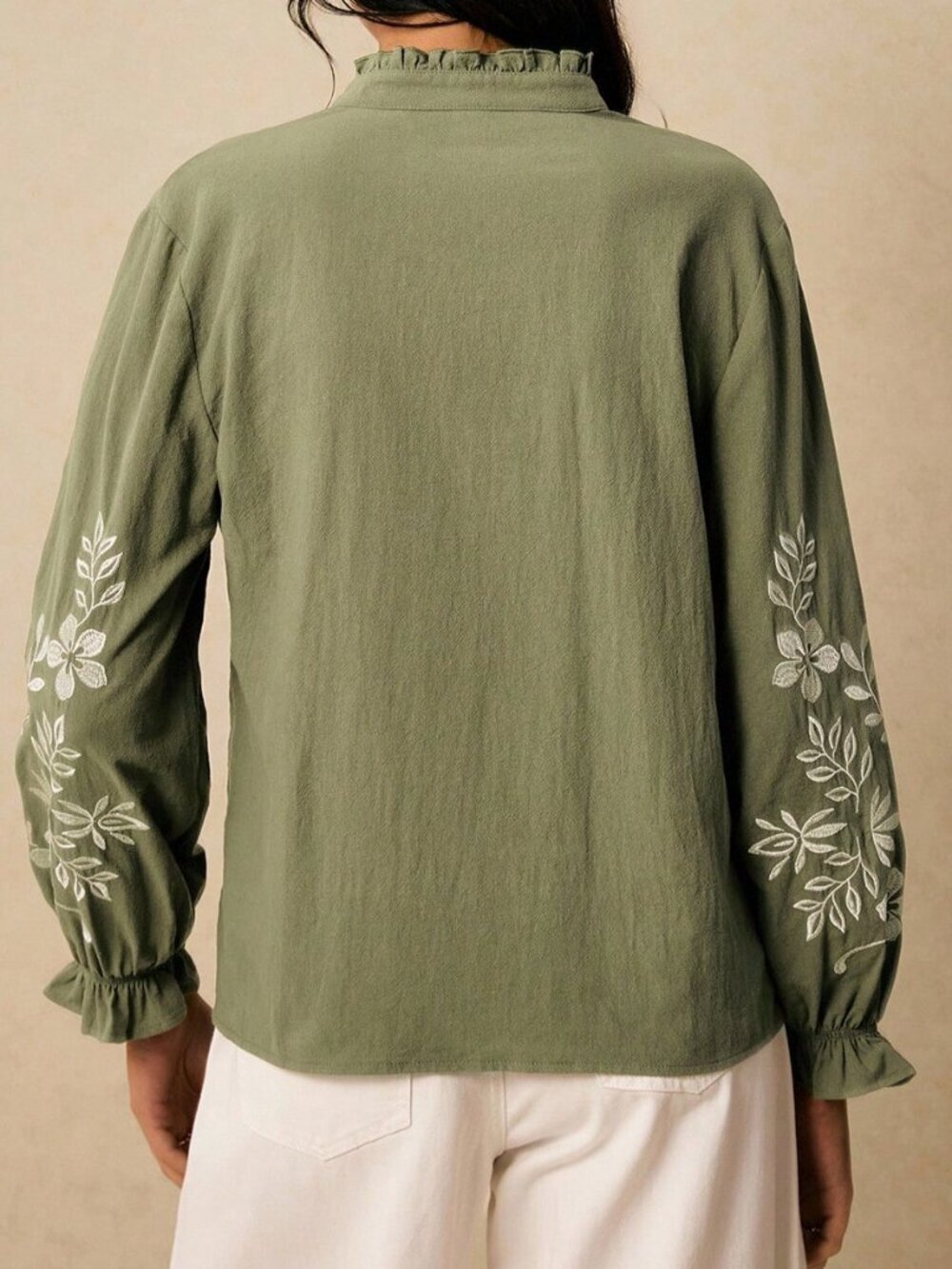 Green Boho Women's Elegant Floral Embroidered Ruffle Collar Button-Up Shirt - Picture 2 of 8